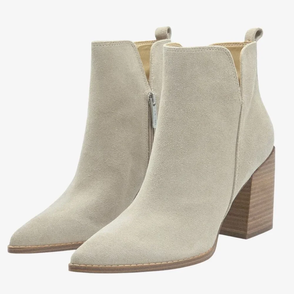 Nine West Women's Birds Taupe Suede Ankle Boots Block Heel Pointed Toe Size 9.5M